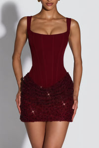Paulette Red Embellished Ruched Bodycon Mini Dress
