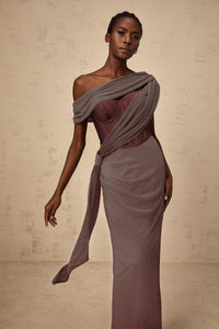 Delphine ribbon-design corset maxi dress in Brown