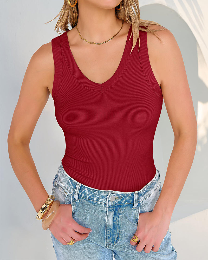 V Neck Ribbed Knit Slim Fit Tank Tops