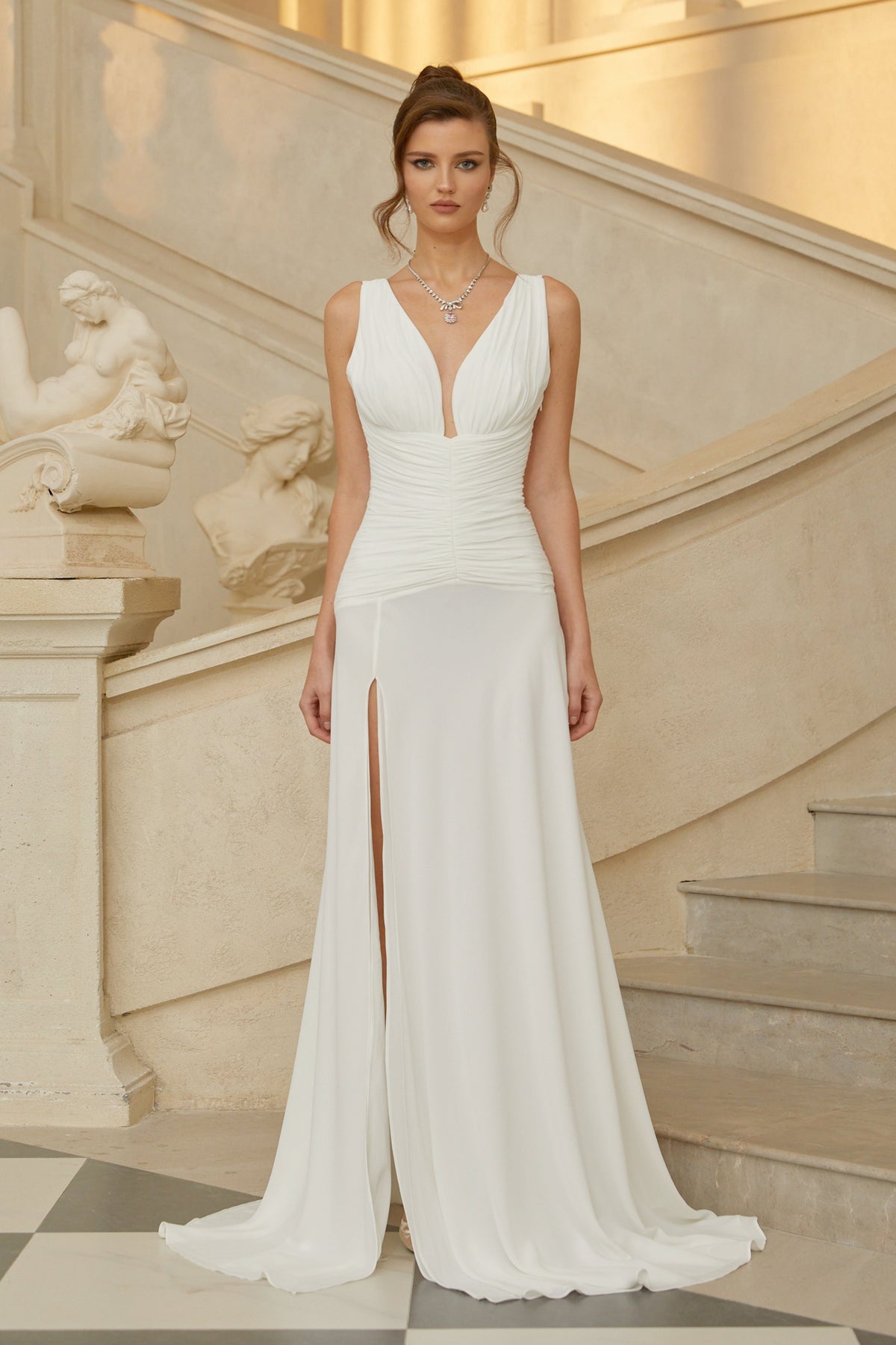 Sidonie White Ruched Lace-up Maxi Dress