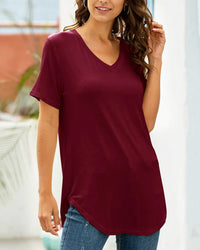 Casual V-Neck Plain Tee with Curved Hem