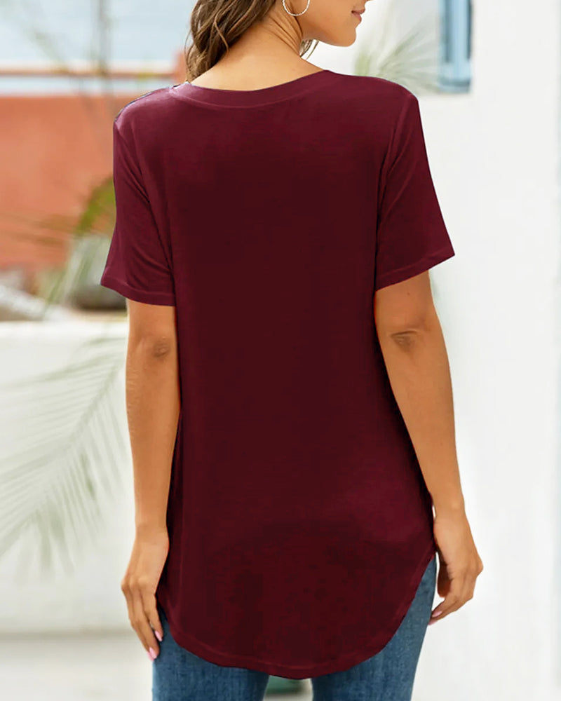 Casual V-Neck Plain Tee with Curved Hem