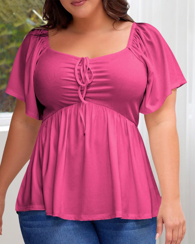 Plus Size Sweetheart Neck Short Sleeve Shirred Peplum Tops