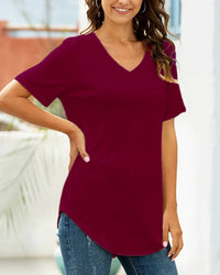 Casual V-Neck Plain Tee with Curved Hem
