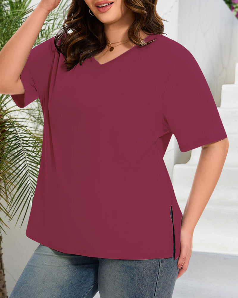 Longer Sleeve Plus Size V-Neck T-Shirt — Covers Your Arms & Hides Your Belly