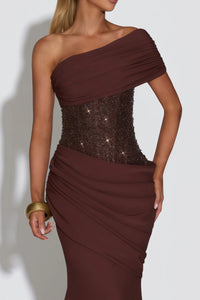Giada Brown Sequined Asymmetrical Ruched Maxi Gown