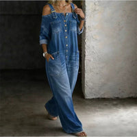 Loose Fit Wide-Leg Denim Jumpsuit with Pockets