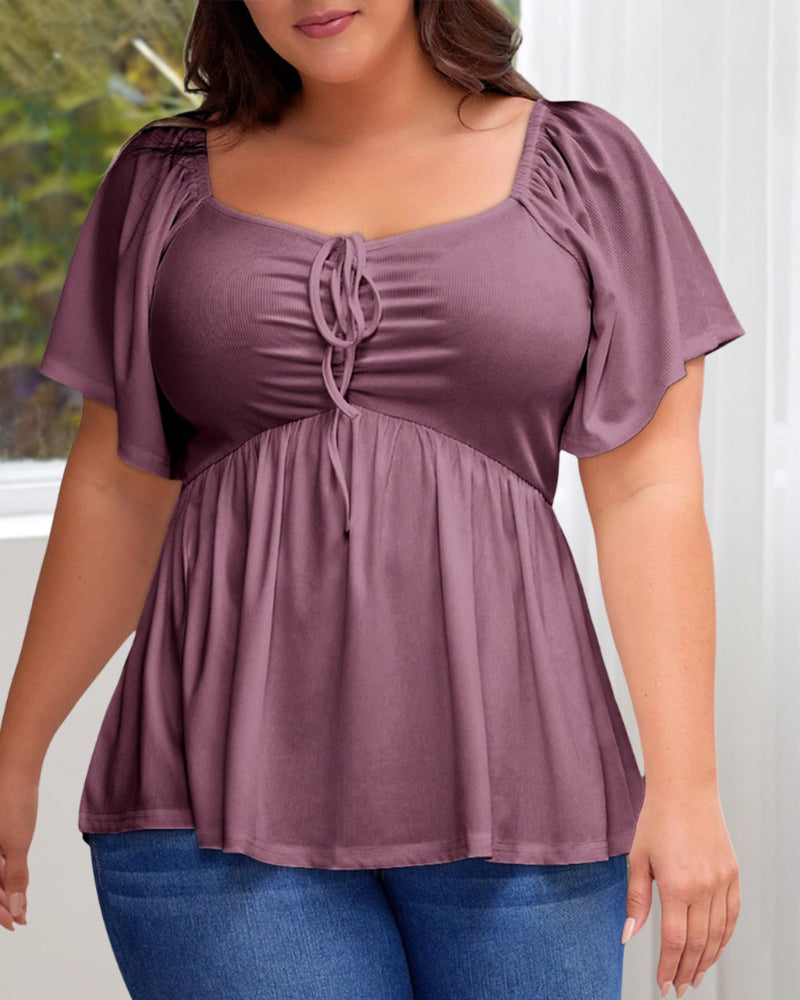 Plus Size Sweetheart Neck Short Sleeve Shirred Peplum Tops