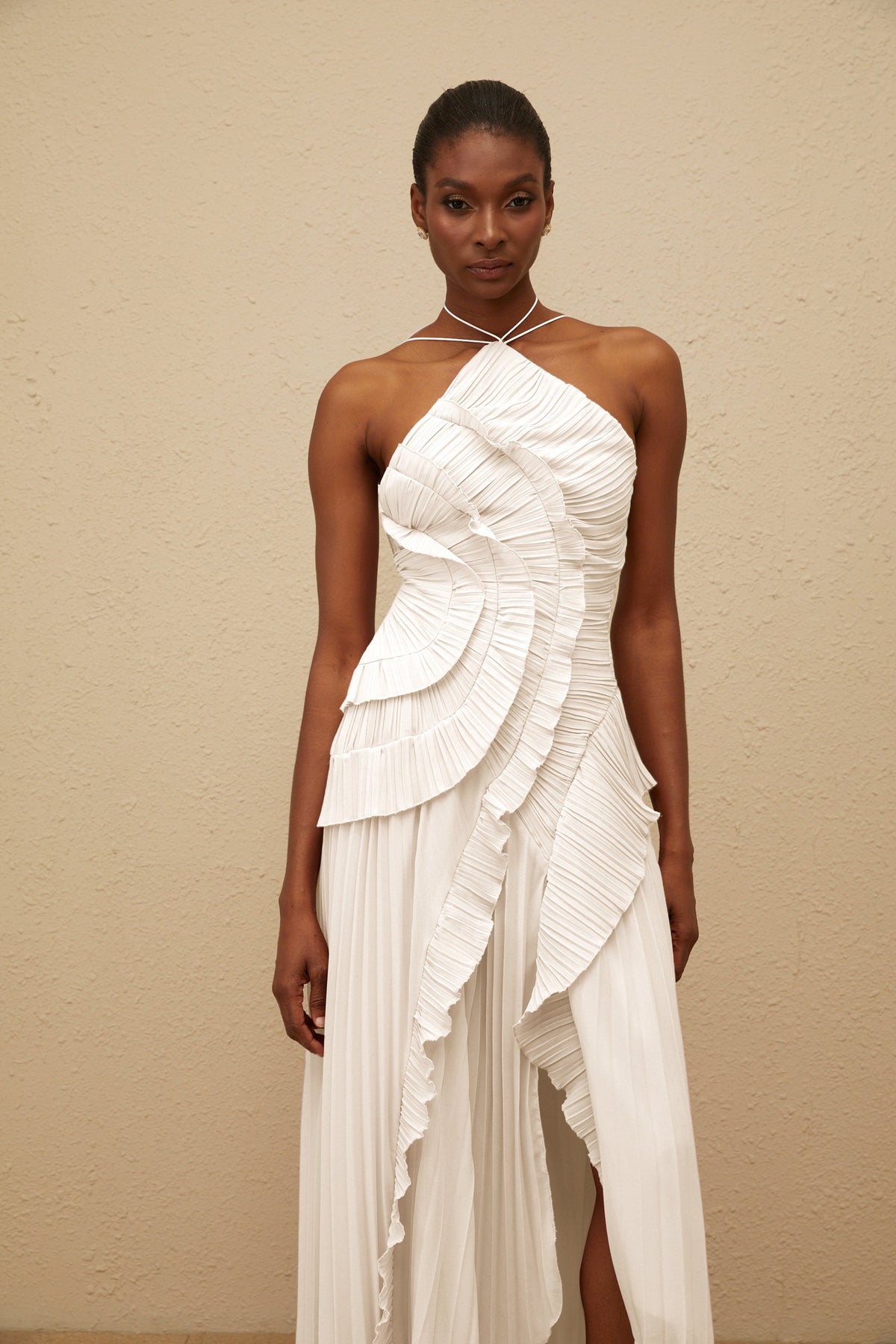 Doux White Ruffled Trim Pleated Midi Dress