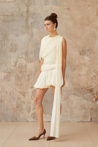 Cyrielle Pleated Mini Dress with Ribbon Design Accent