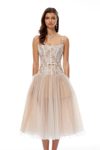 Mira Neutrals Lace Panel Tulle Midi Dress