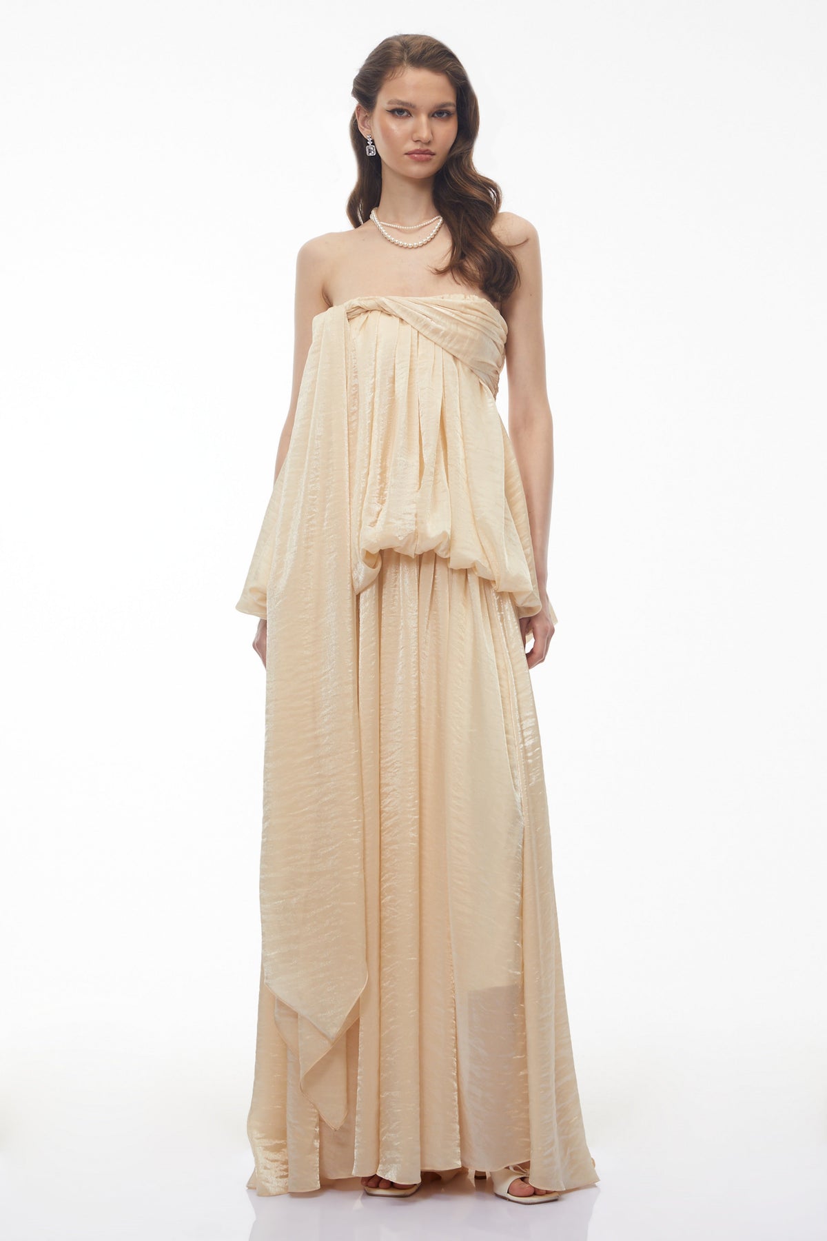 Aamu Champagne Off Shoulder Maxi Dress