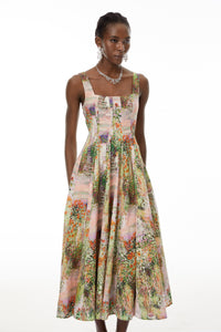 Adelheid Pink Floral Print Flared Midi Dress