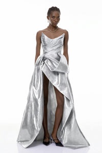 Adina Silver Glossy Asymmetrical Ruched Gown