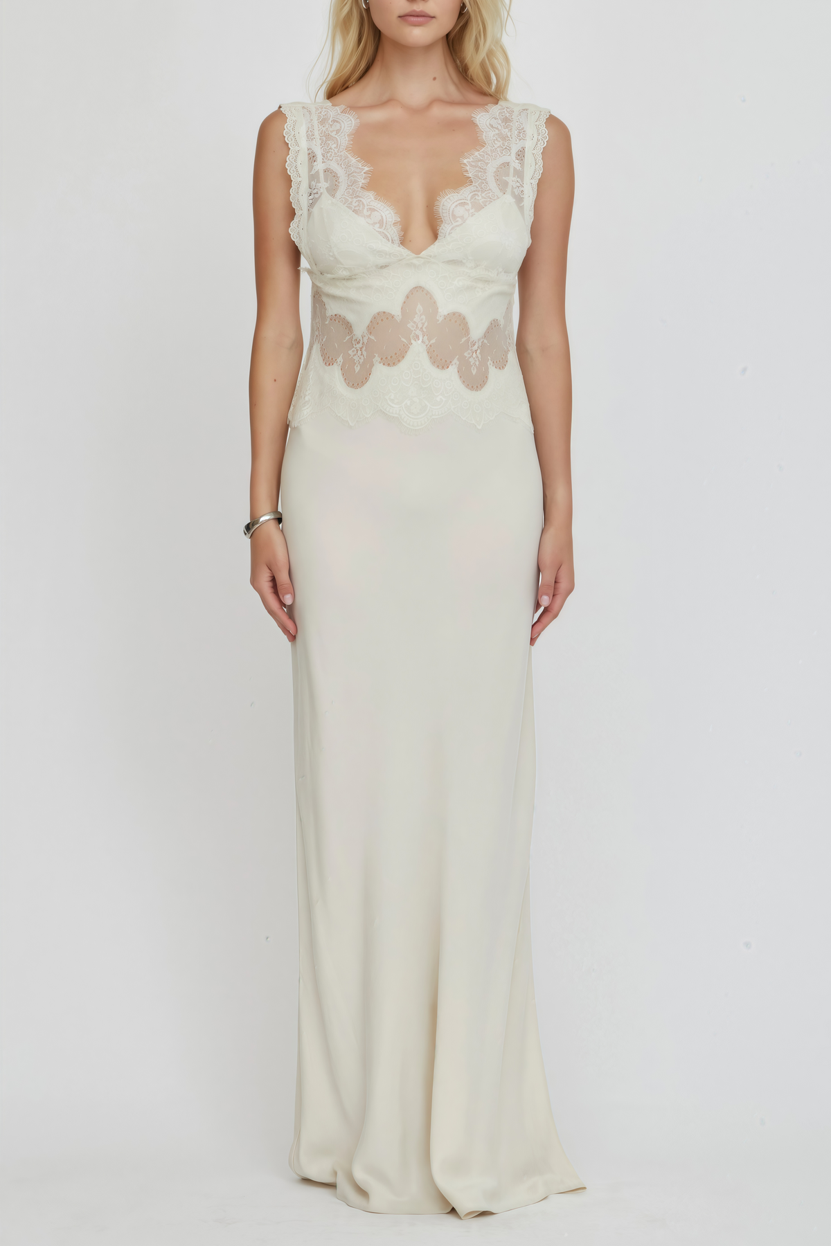 Aitana Neutrals Satin Maxi Dress with Lace Panels