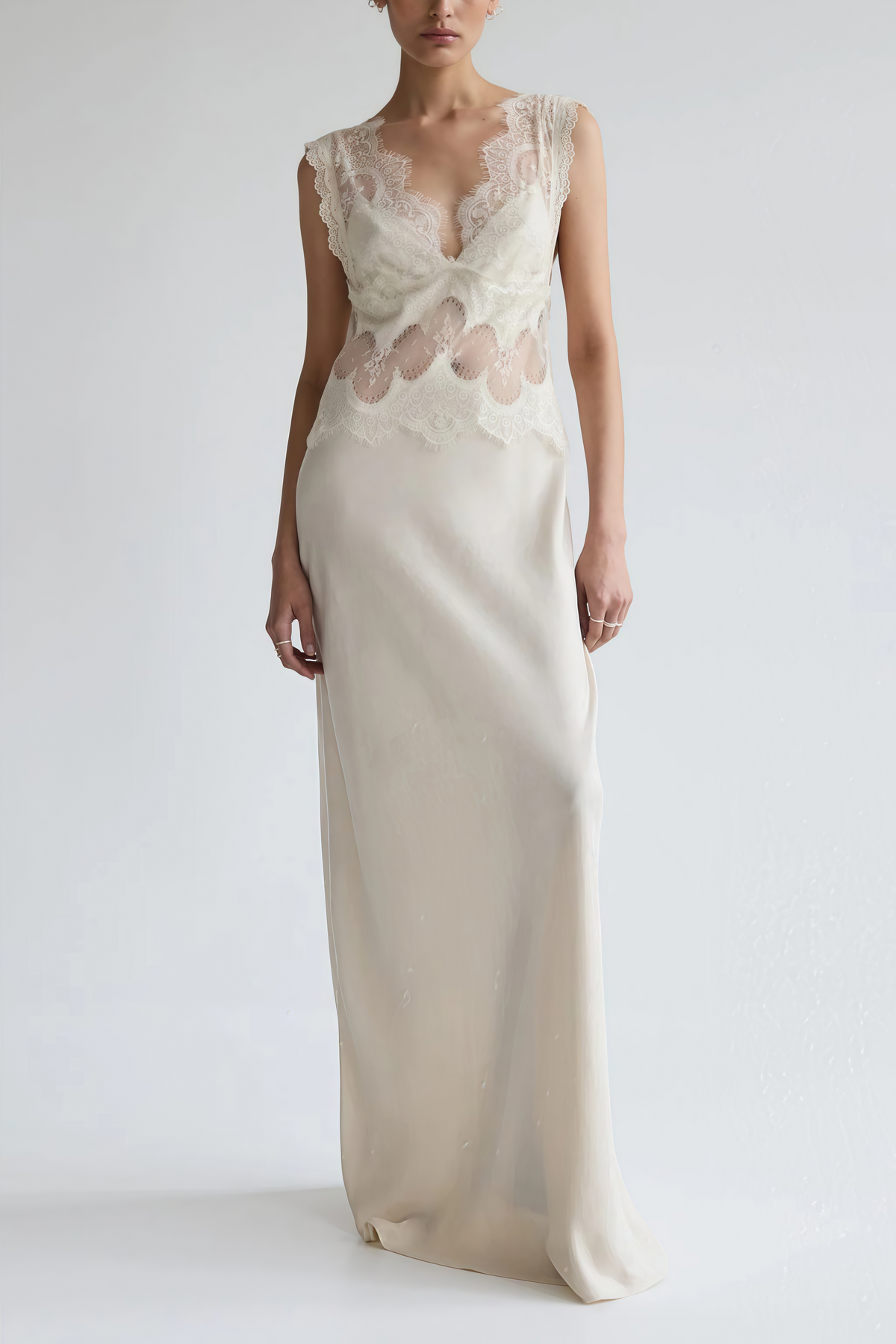 Aitana Neutrals Satin Maxi Dress with Lace Panels