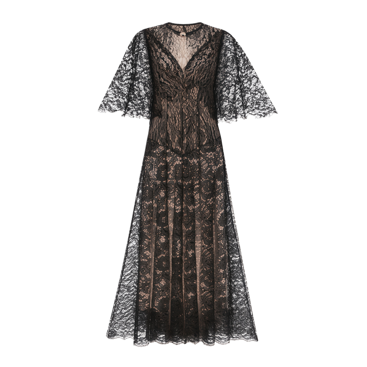 Alaia Black Cape Design Floral Lace Midi Dress