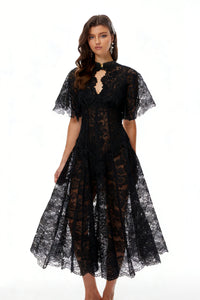 Alaia Black Cape Design Floral Lace Midi Dress