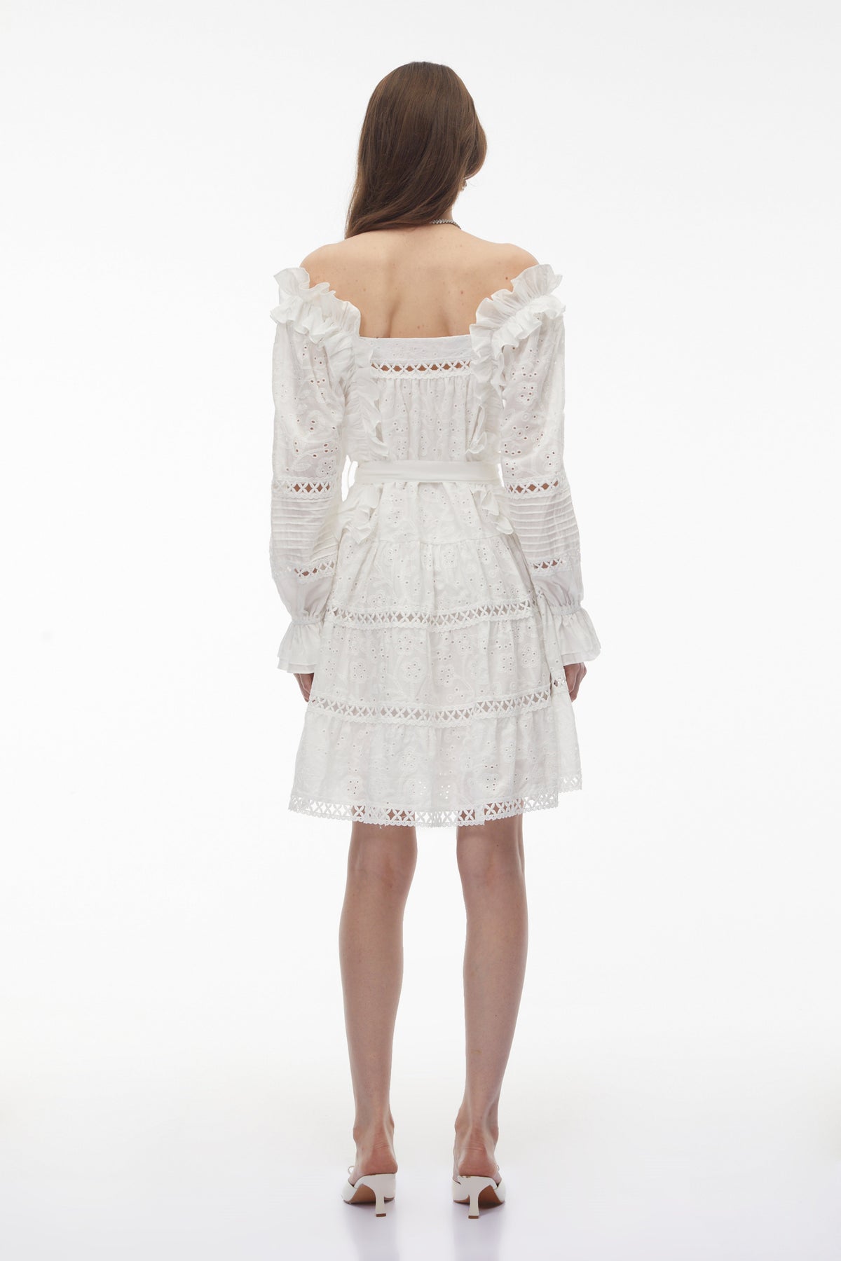 Alcestis White Ruffled Mini Dress with Self-Tie