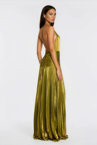 Alchimie Gold Glossy Pleated Maxi Dress