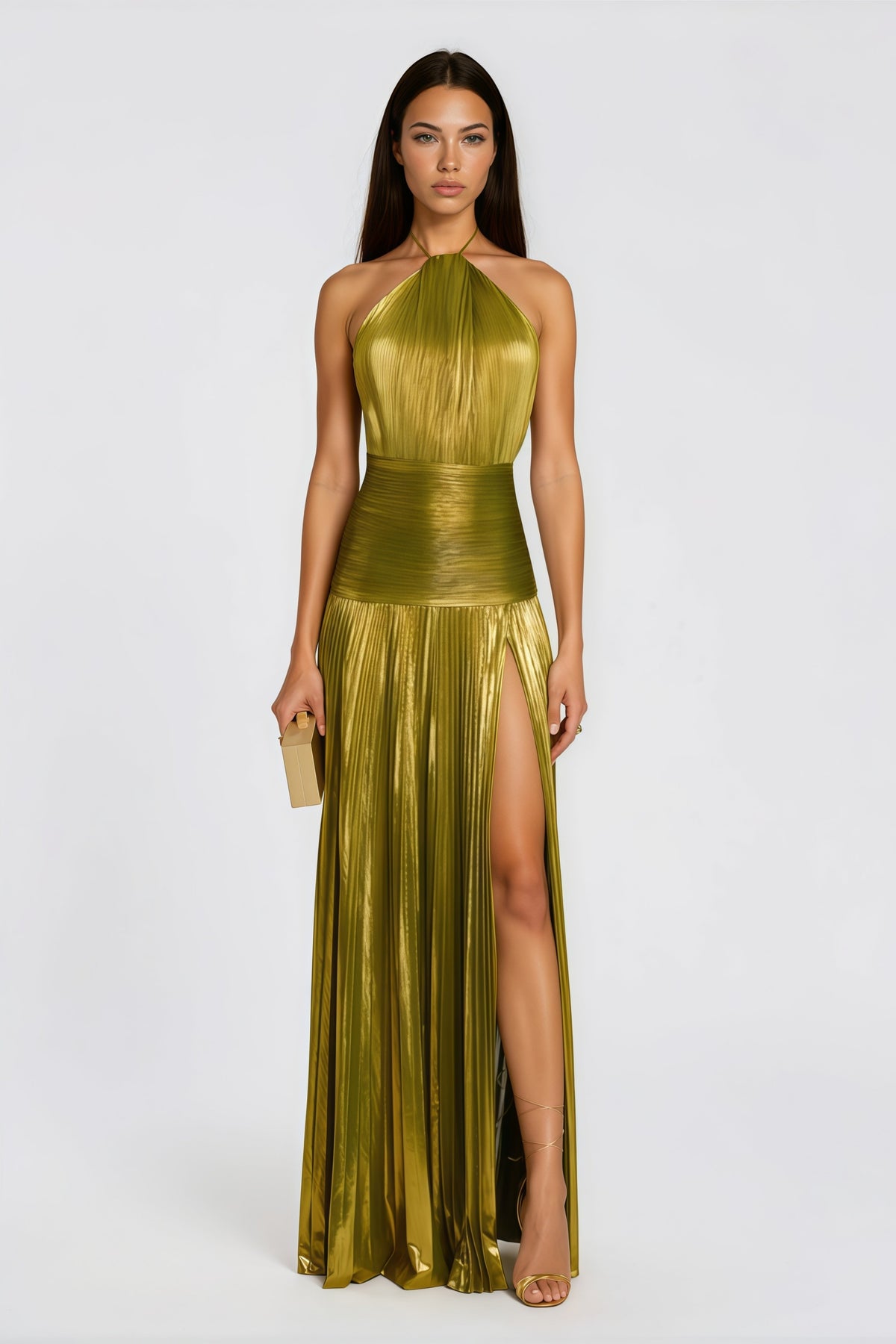 Alchimie Gold Glossy Pleated Maxi Dress