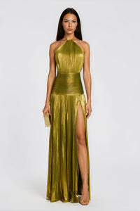Alchimie Gold Glossy Pleated Maxi Dress