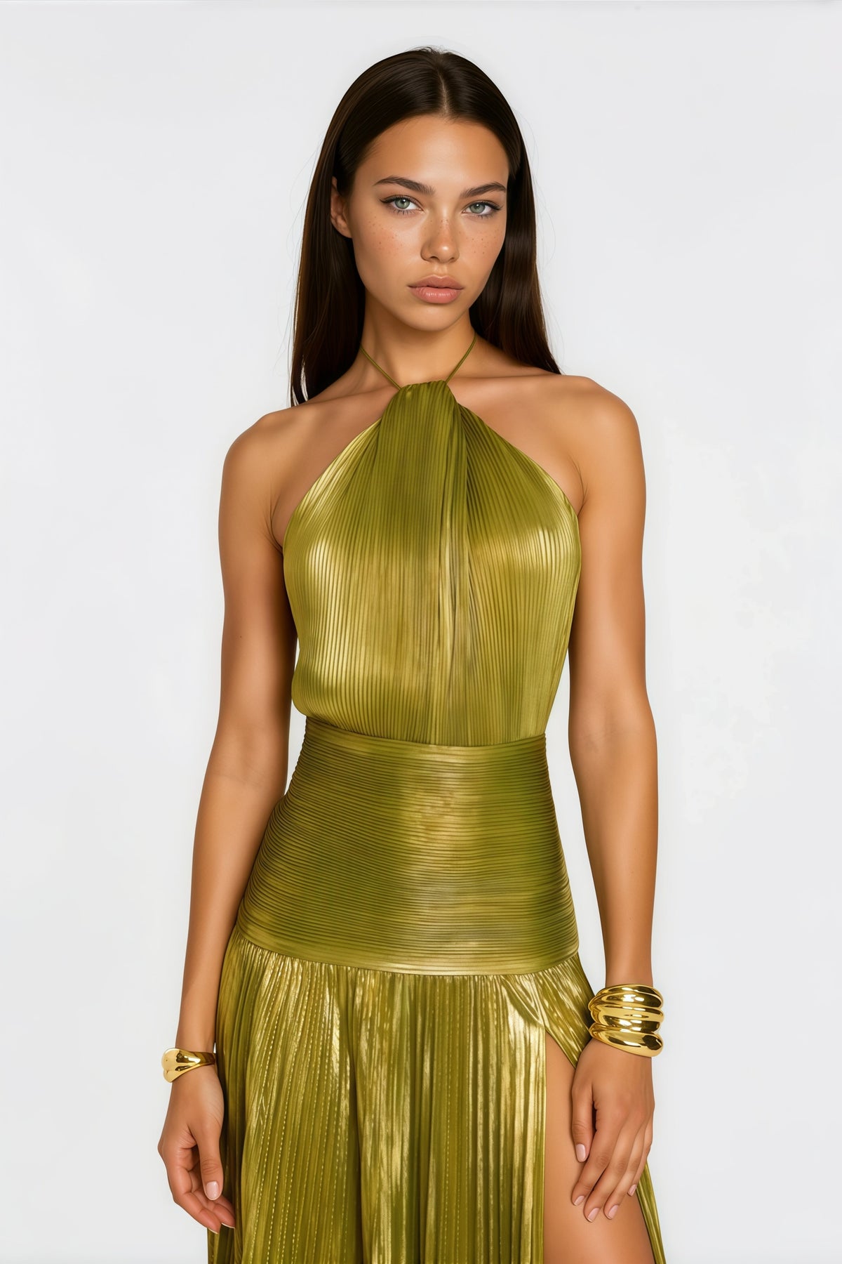 Alchimie Gold Glossy Pleated Maxi Dress