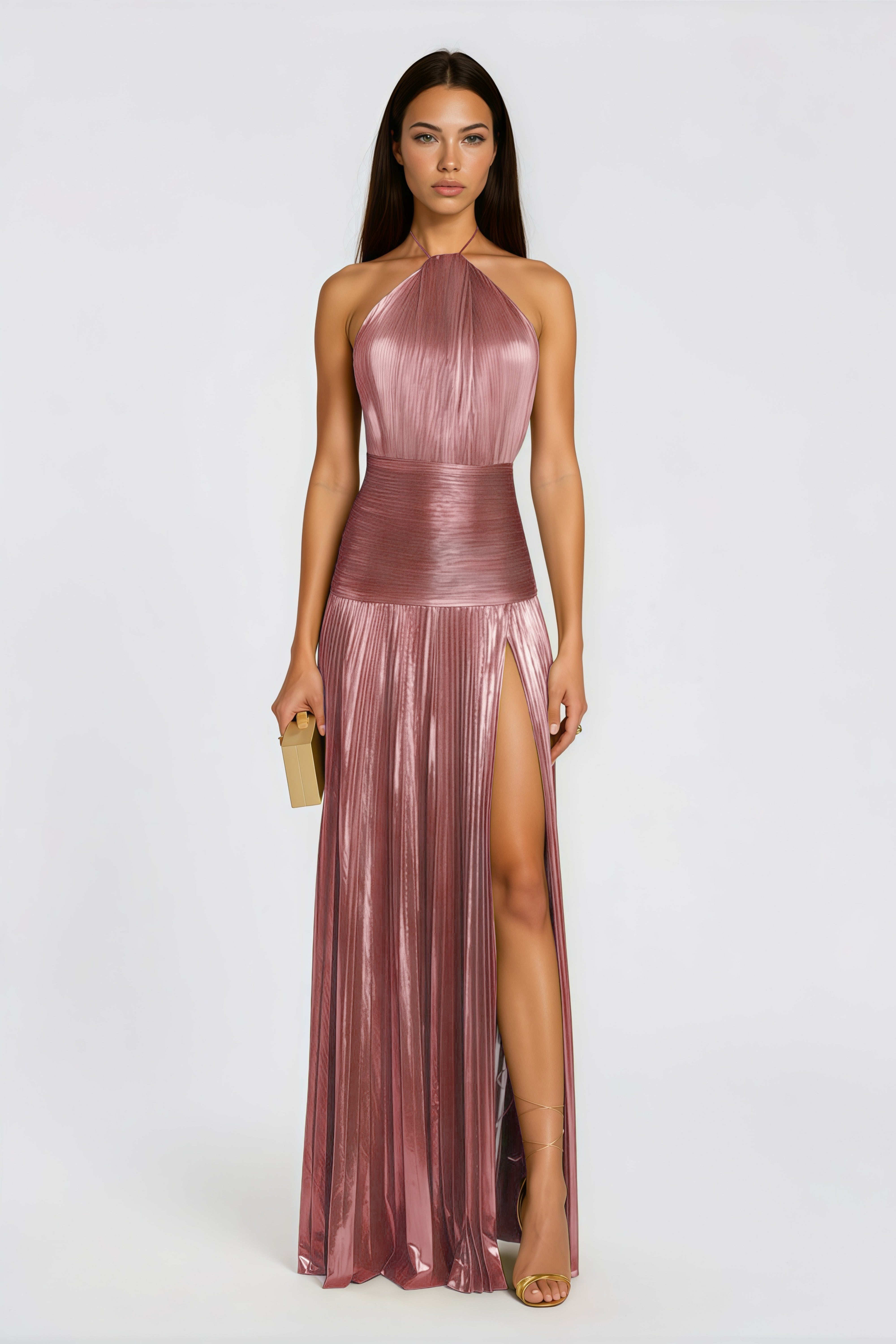 Alchimie Pink Glossy Pleated Maxi Dress