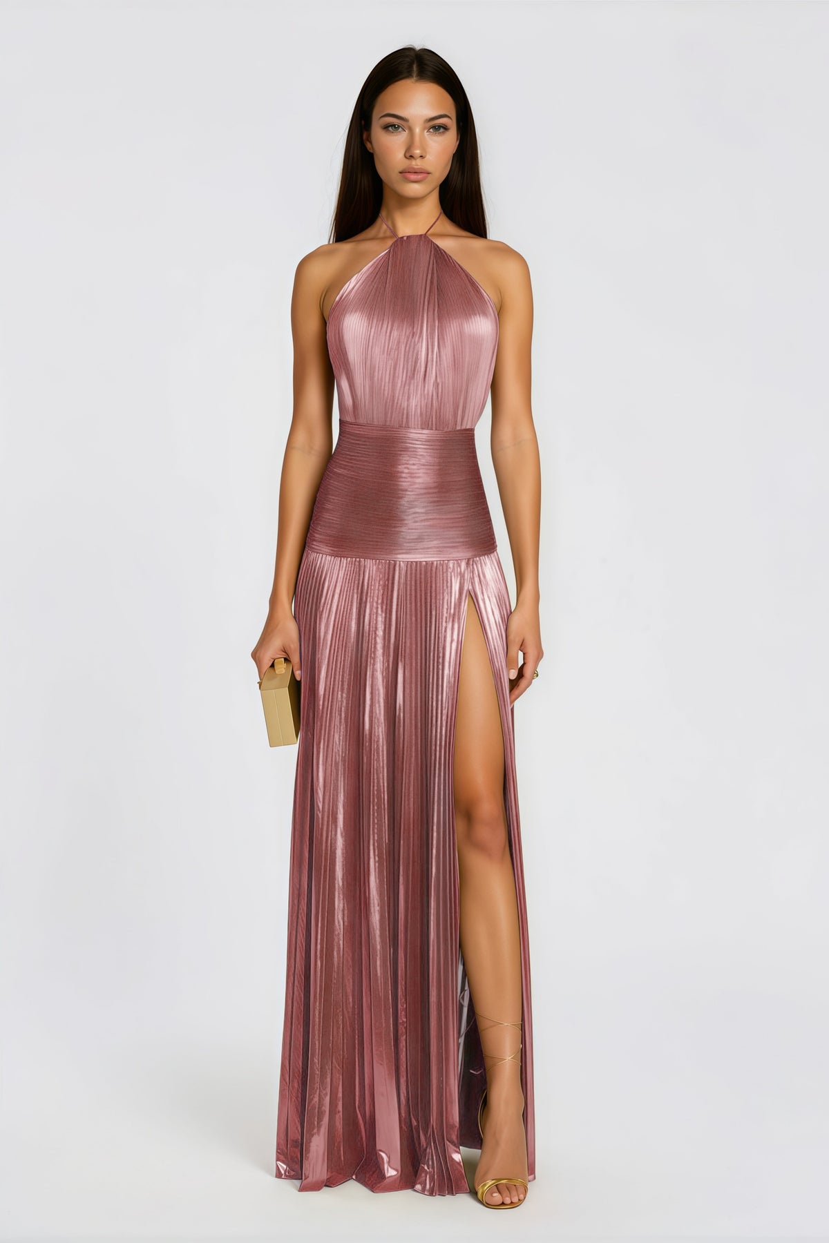 Alchimie Pink Glossy Pleated Maxi Dress