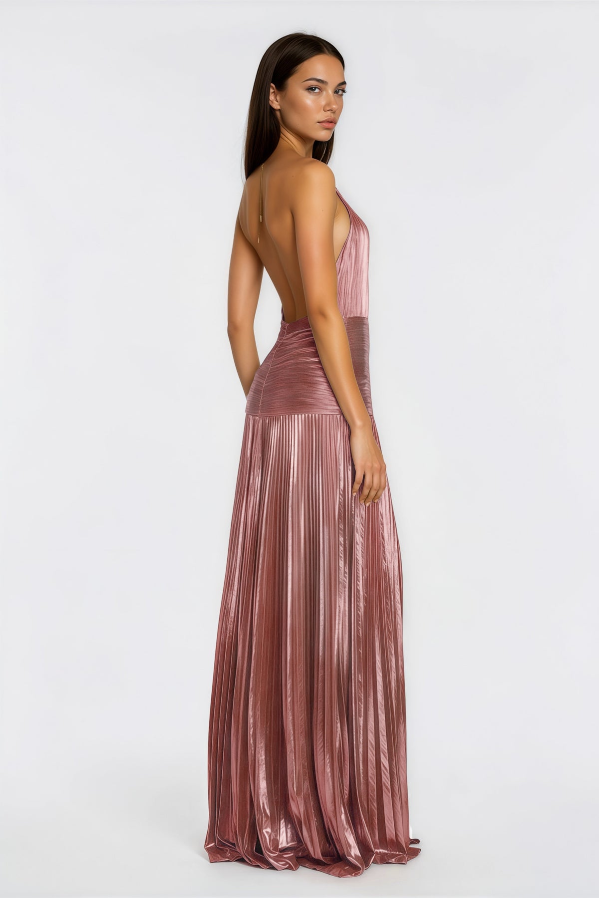 Alchimie Pink Glossy Pleated Maxi Dress