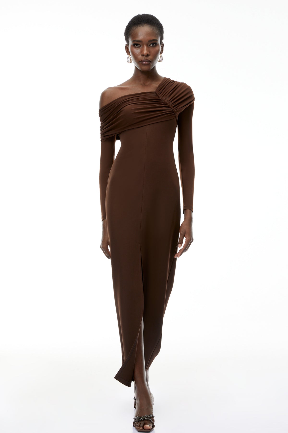 Almudena Chocolate Brown One Shoulder Maxi Dress