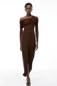 Almudena Chocolate Brown One Shoulder Maxi Dress