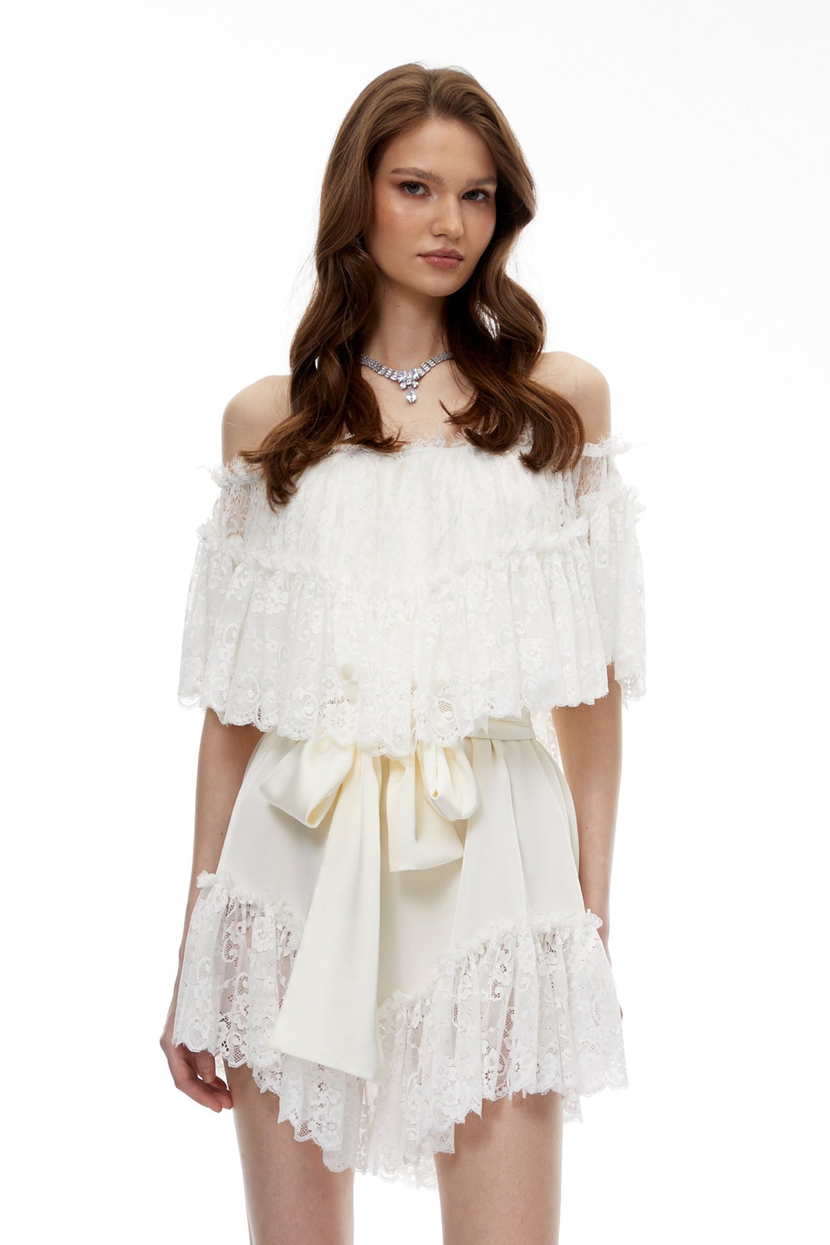 Altheaia White Off Shoulder Lace Mini Dress