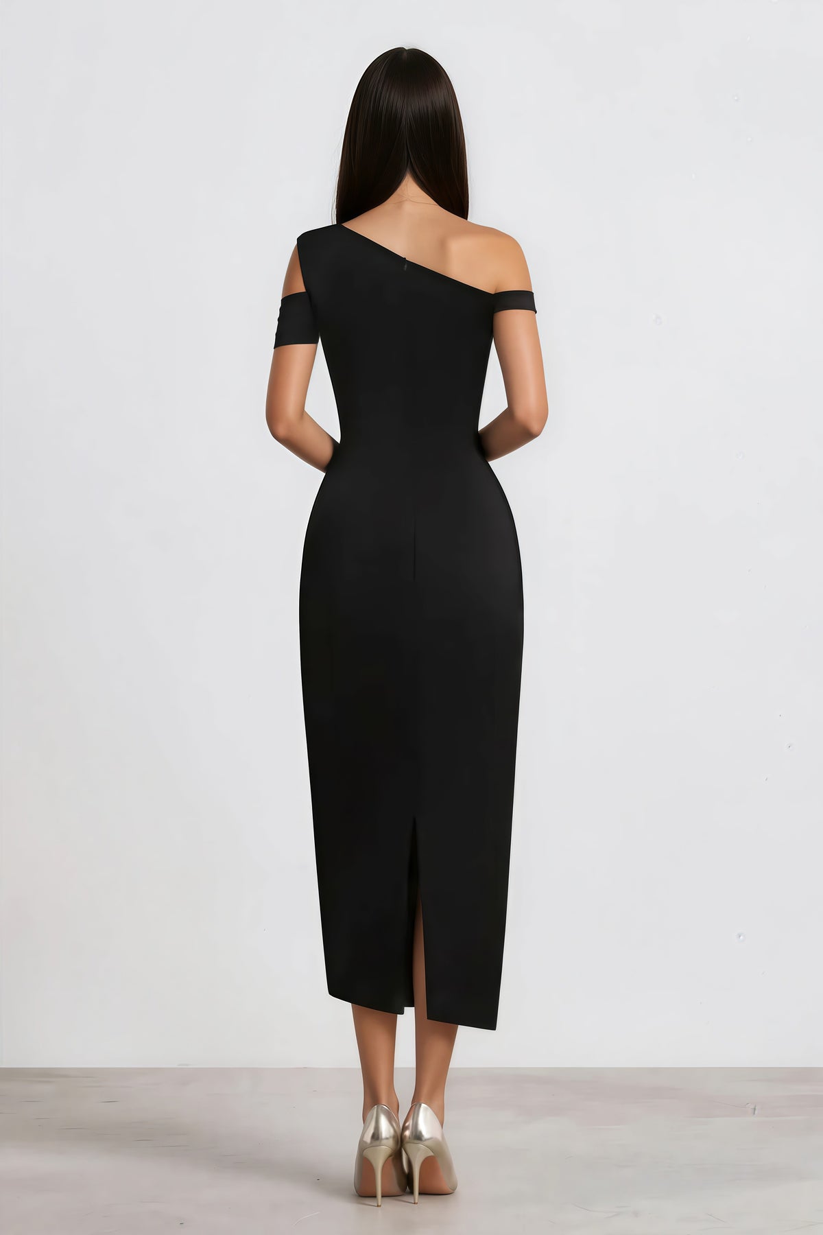 Amarante Black One Shoulder Asymmetrical Midi Dress