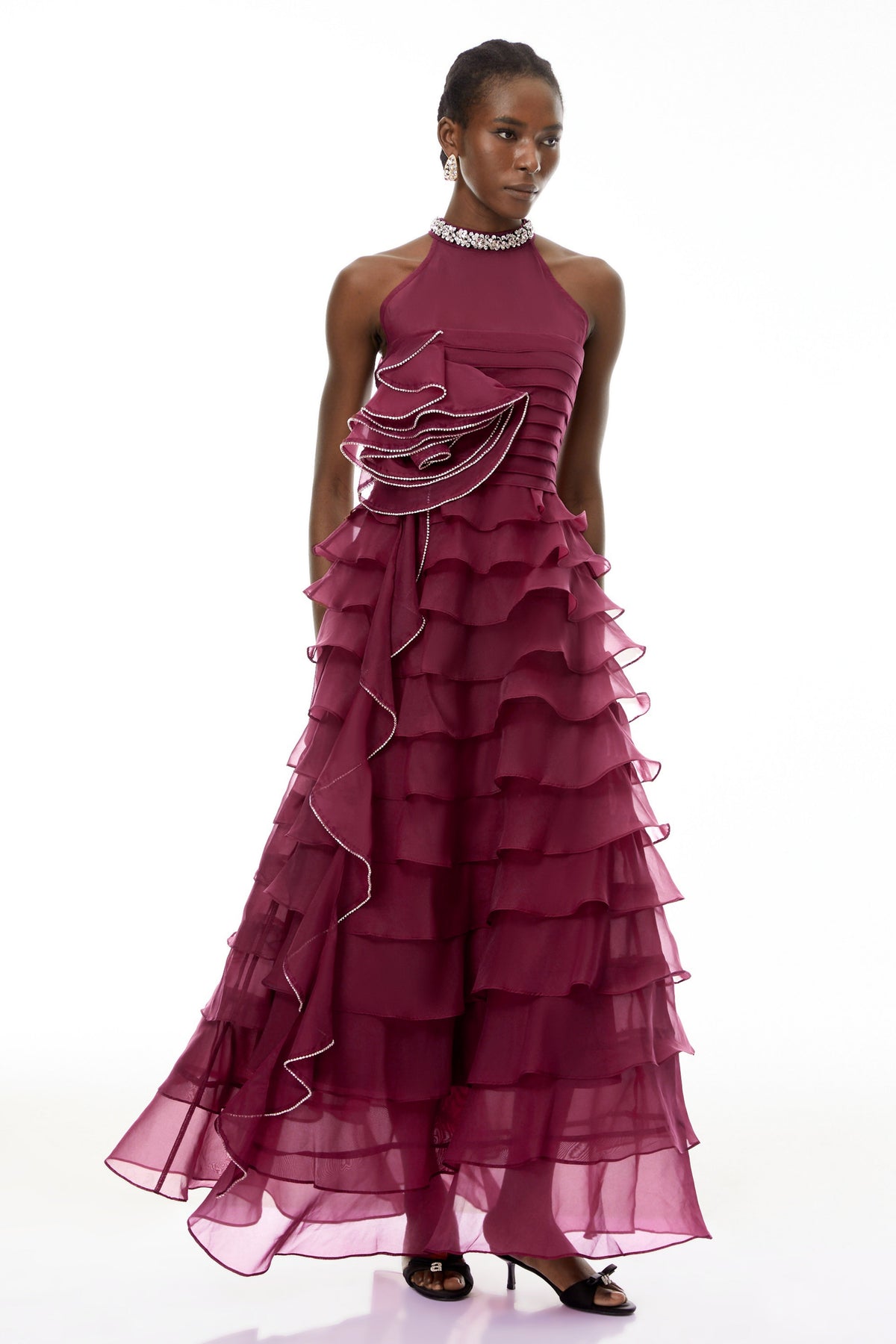 Anathi Red 3D Petal Ruffled Maxi Dress