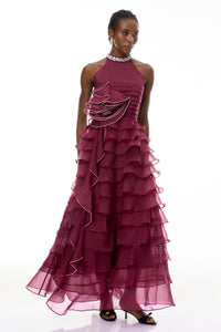 Anathi Red 3D Petal Ruffled Maxi Dress