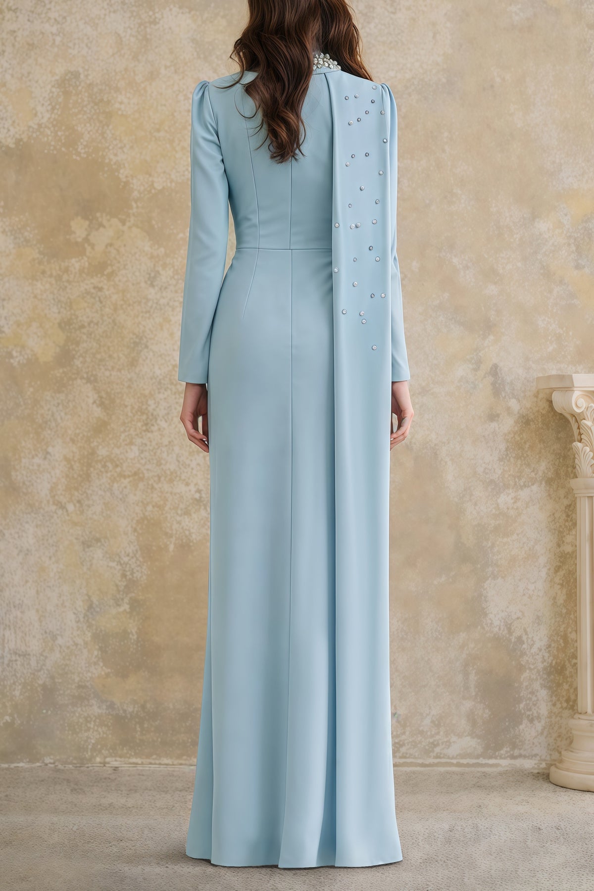 Andreea Blue Cape Maxi Dress with Embellishment