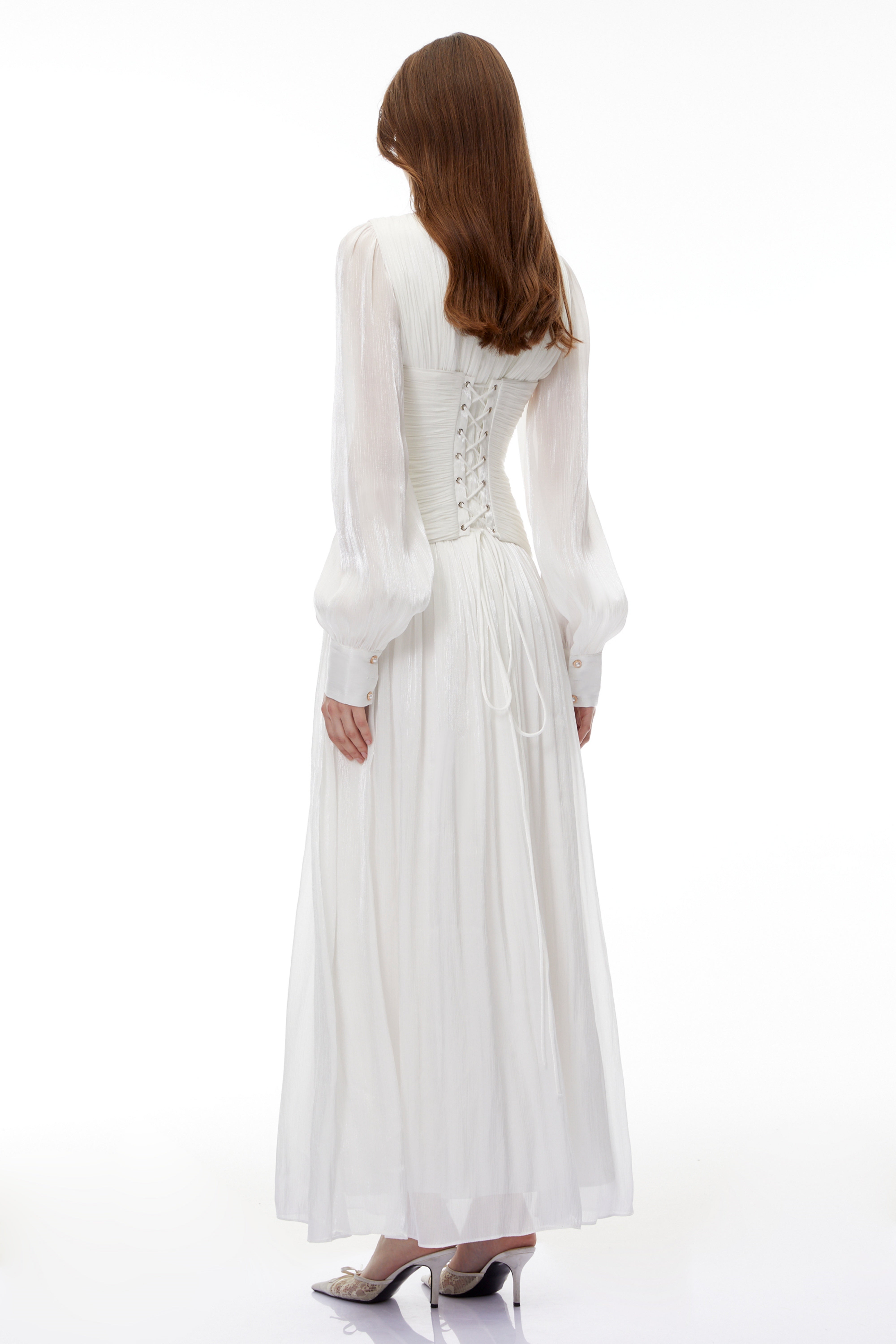 Aneka White High Neck Glossy Ruched Maxi Dress
