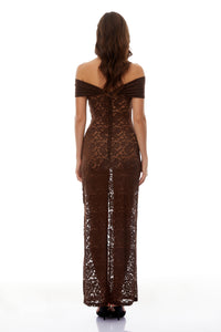 Angelina Brown Off Shoulder Floral Lace Maxi Dress