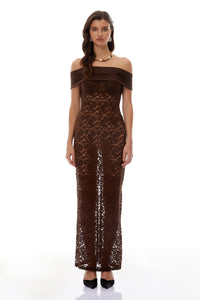 Angelina Brown Off Shoulder Floral Lace Maxi Dress