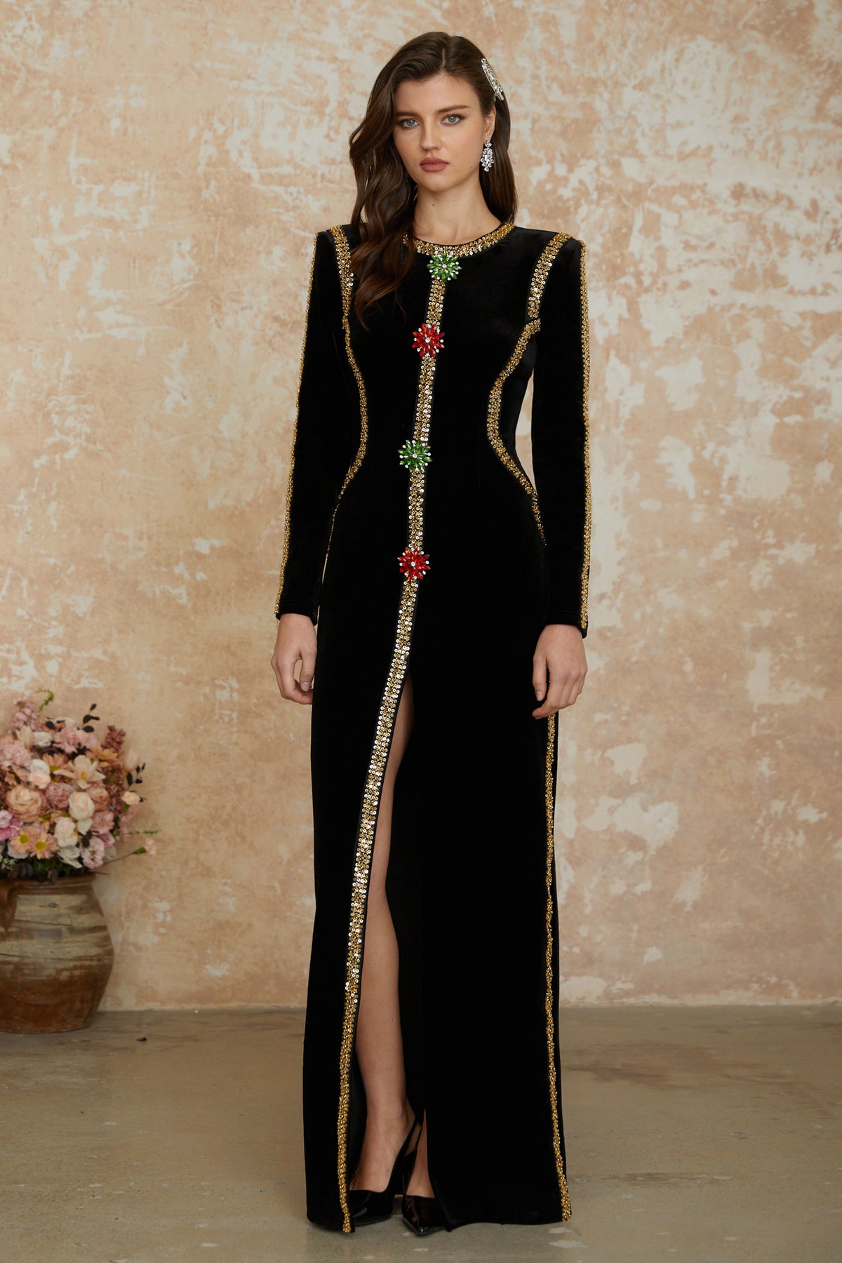 Anna Black Crystal Embellished Front Slit Maxi Dress