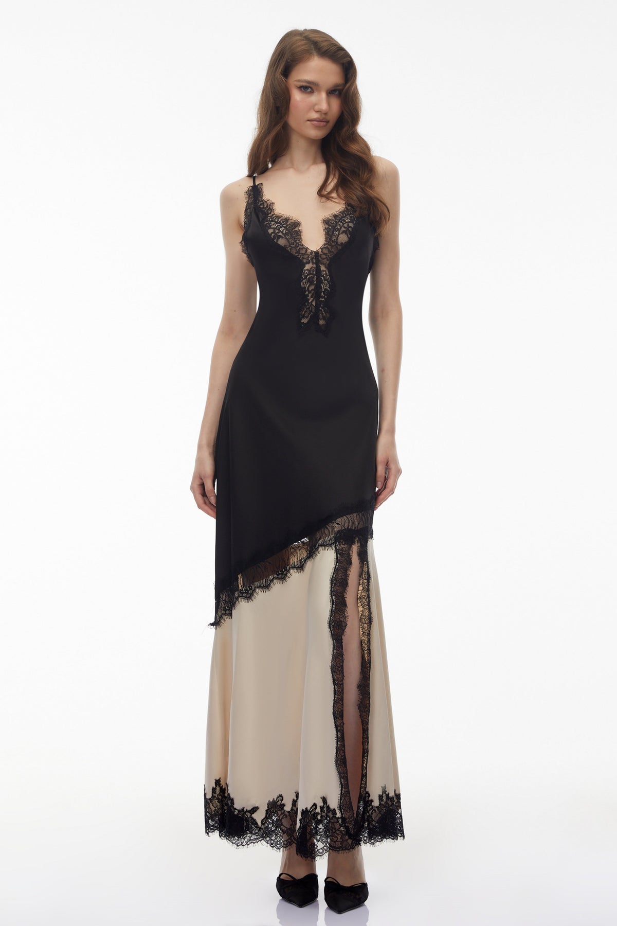 Annabelle Black V-neck Lace Trim Panelled Slit Maxi Dress