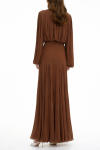 Annabelle Brown Lantern Sleeve Pleated Maxi Dress
