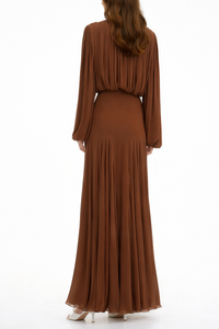 Annabelle Brown Lantern Sleeve Pleated Maxi Dress