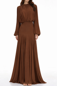 Annabelle Brown Lantern Sleeve Pleated Maxi Dress