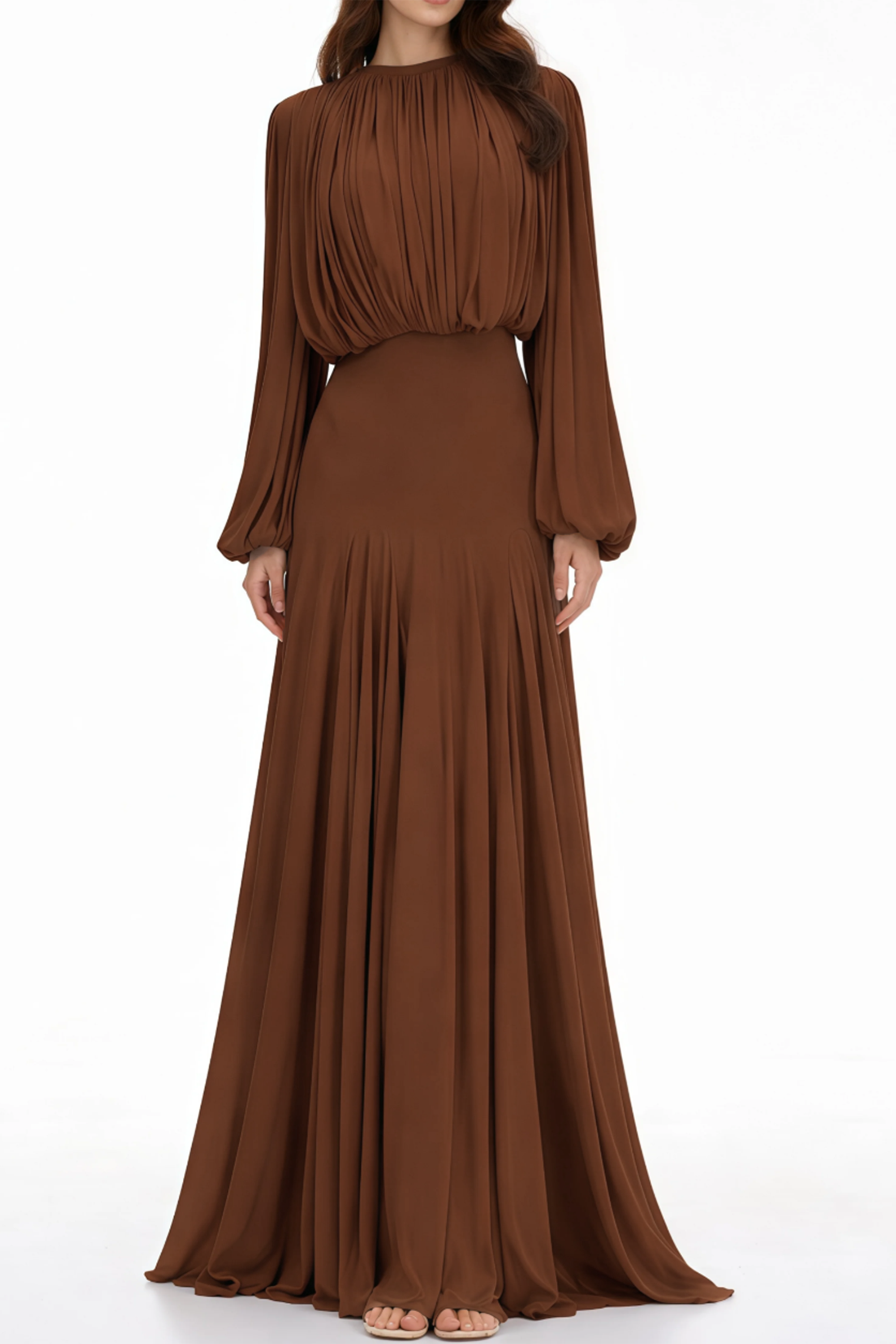 Annabelle Brown Lantern Sleeve Pleated Maxi Dress