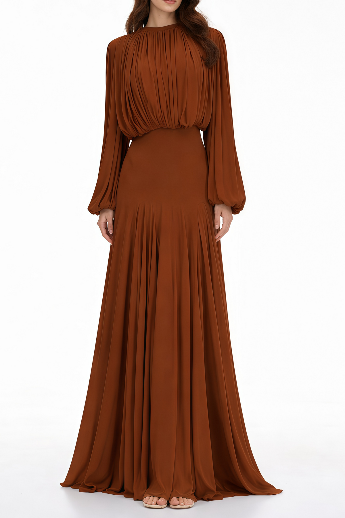 Annabelle Brown Lantern Sleeve Pleated Maxi Dress
