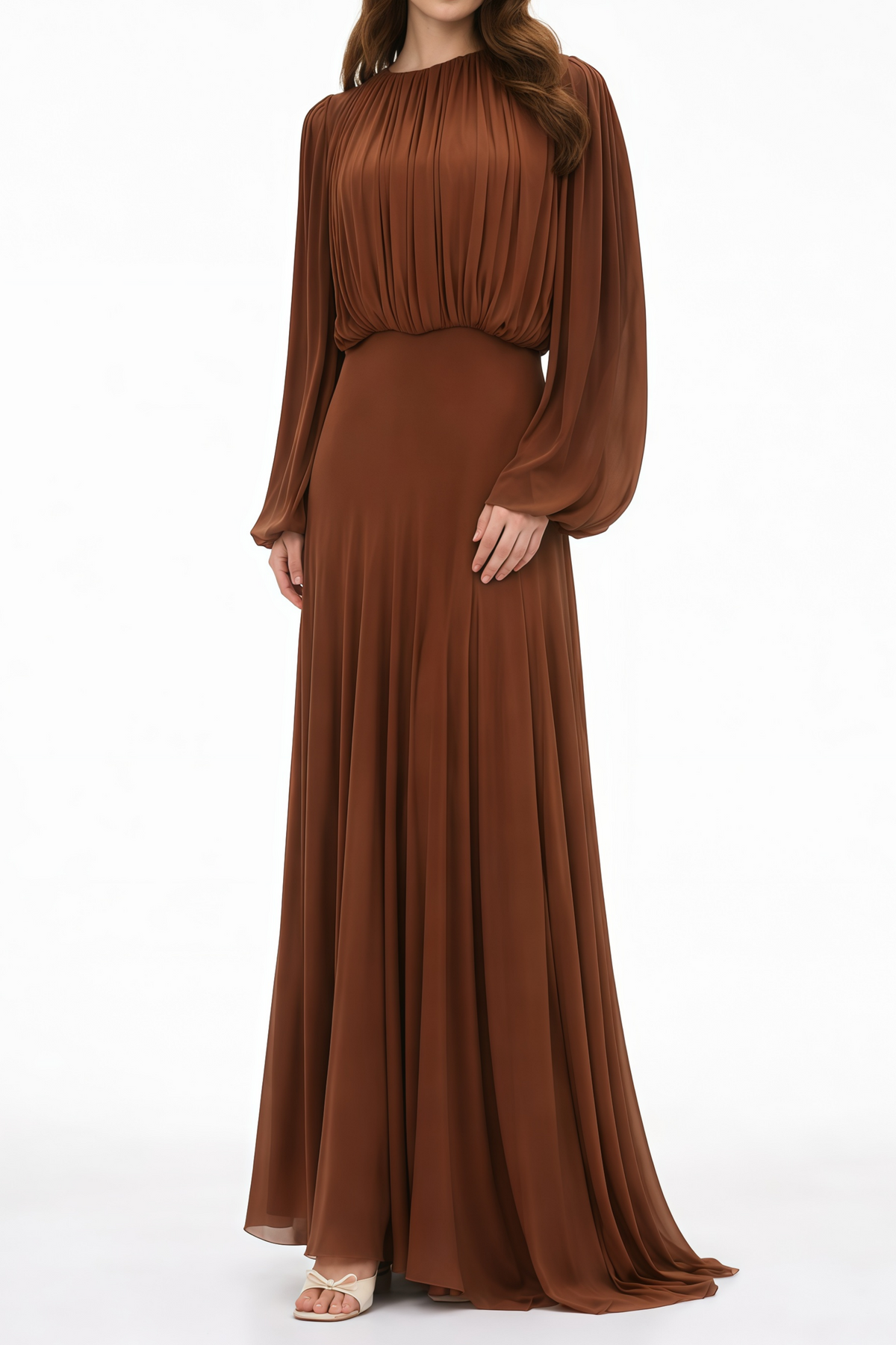 Annabelle Brown Lantern Sleeve Pleated Maxi Dress