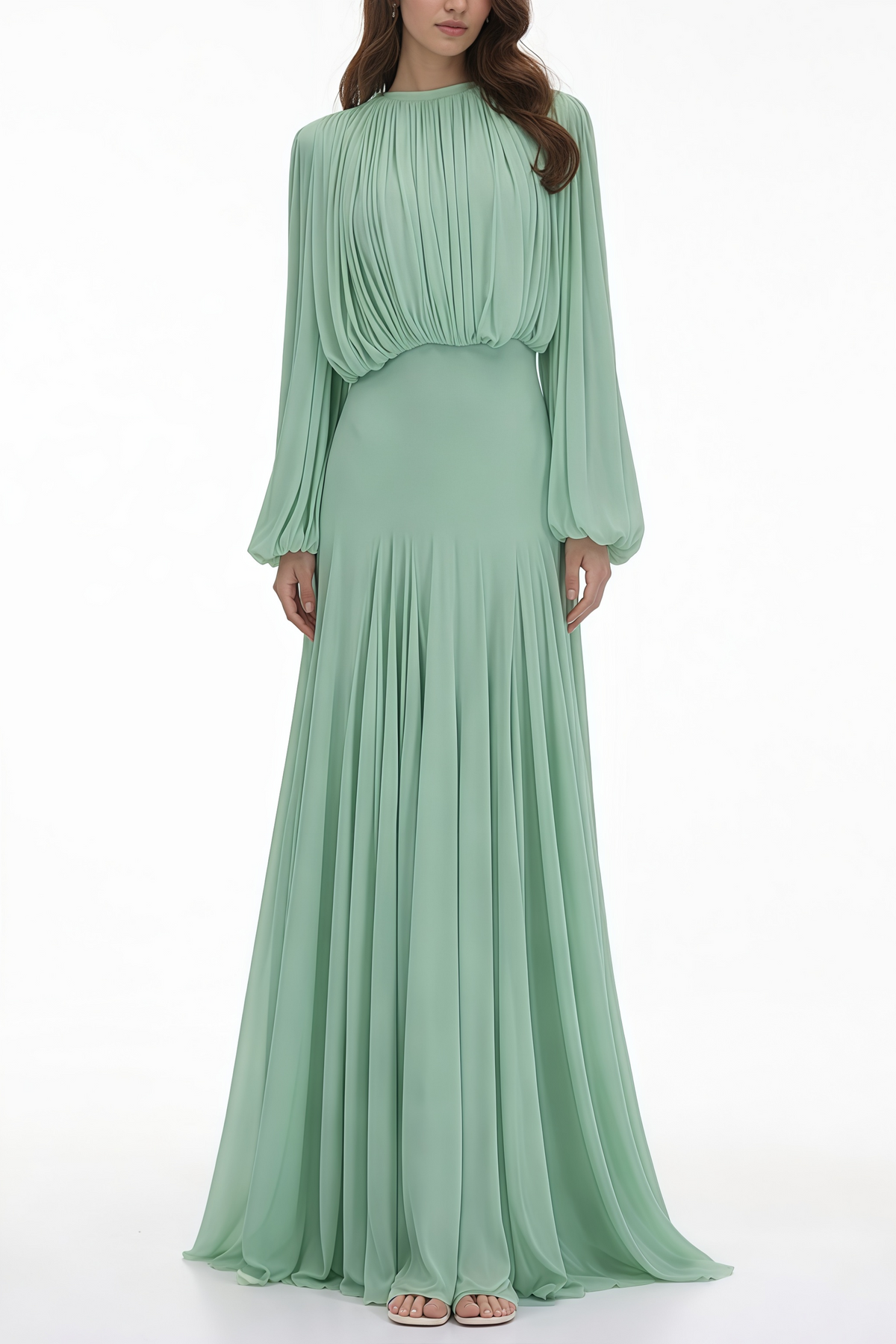Annabelle Green Lantern Sleeve Pleated Maxi Dress