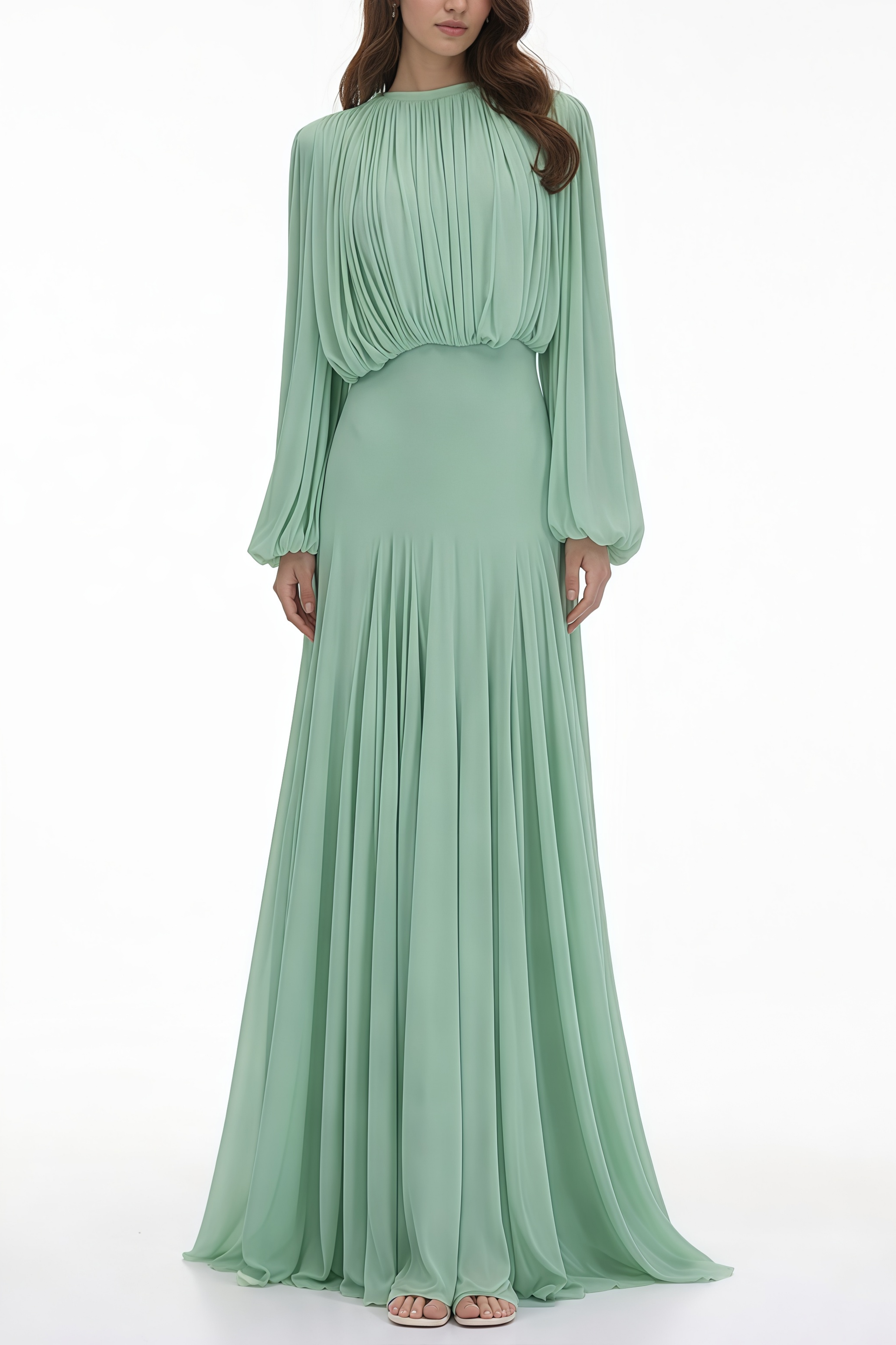 Annabelle Green Lantern Sleeve Pleated Maxi Dress